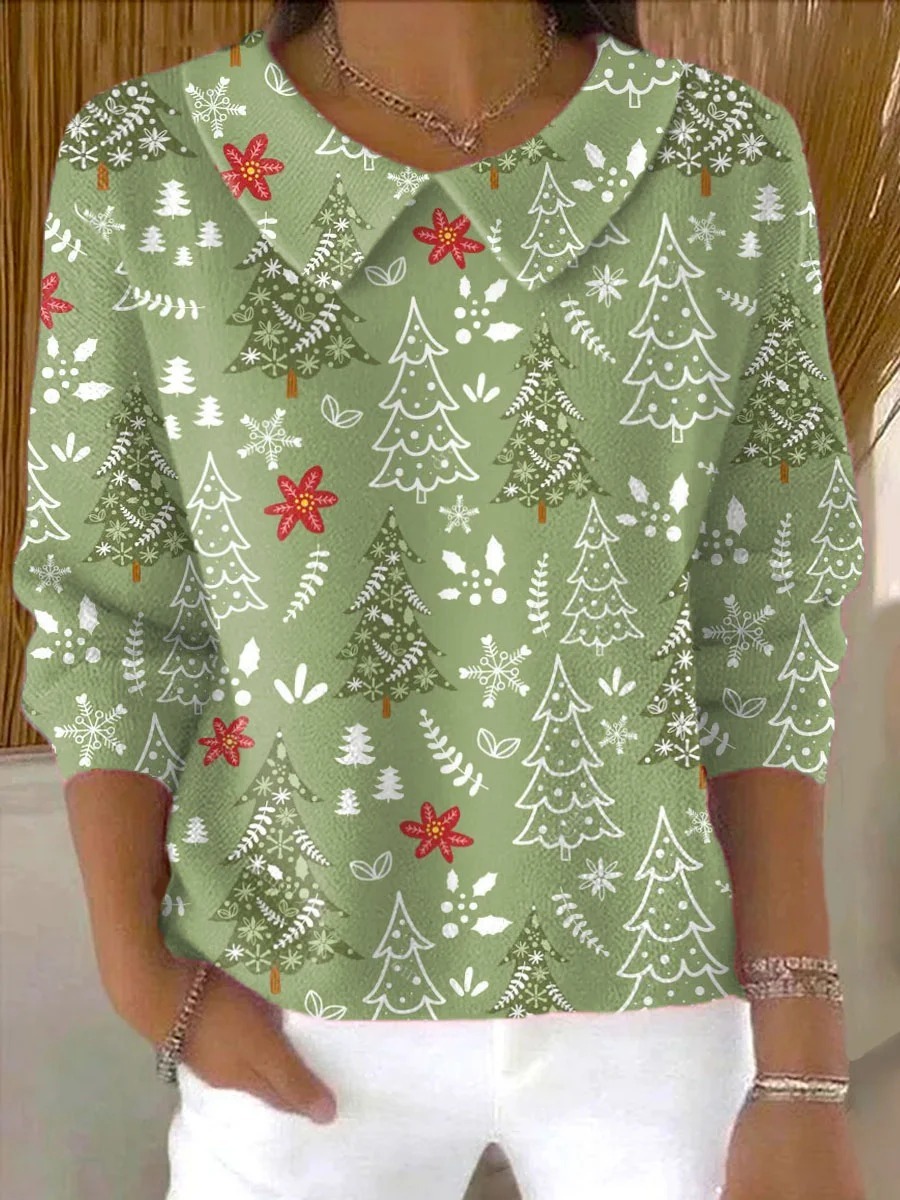 Women's Christmas Tree Pattern Art Print Buttoned Cardigan Sweater