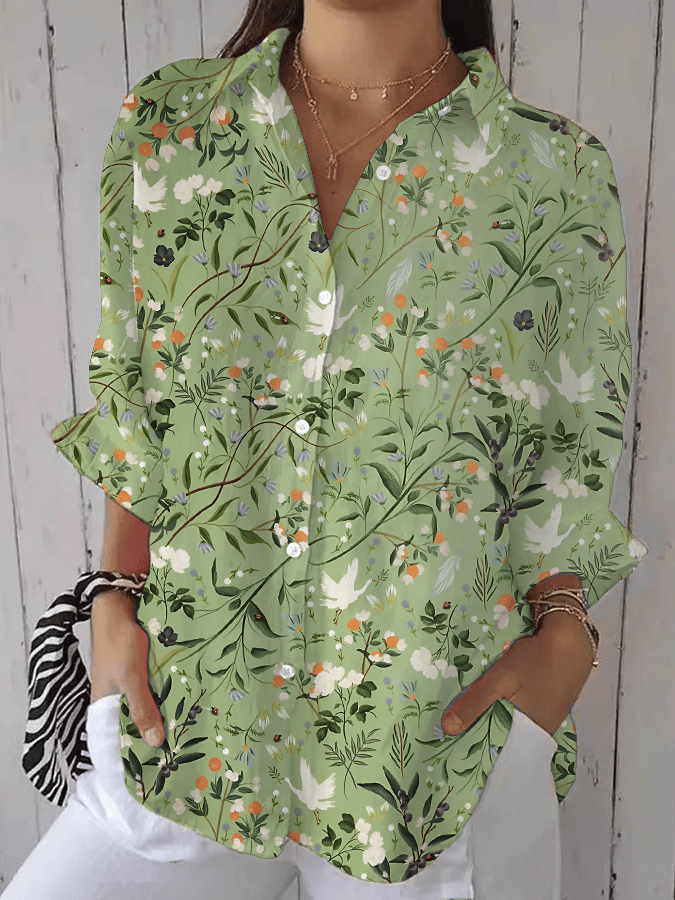 Women's Forest Floral Print Casual Lapel Shirt