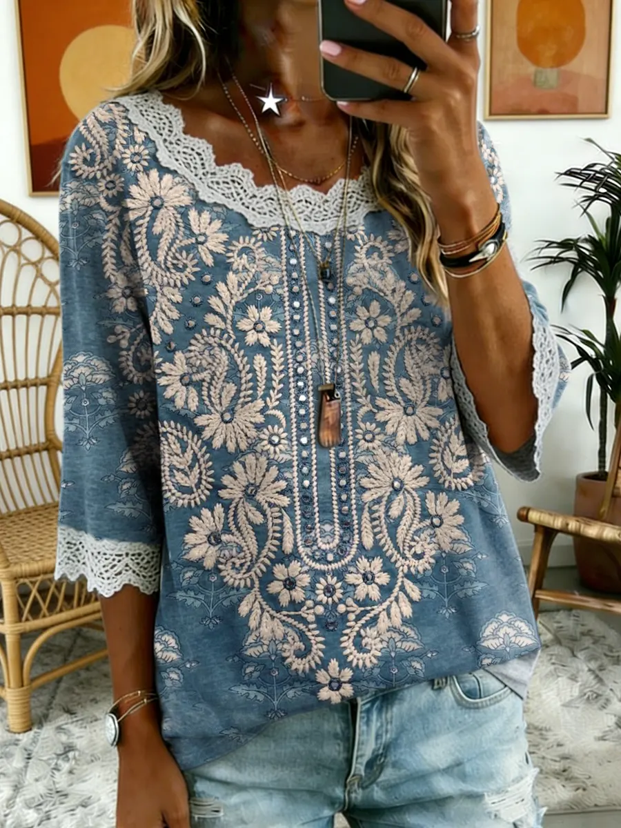 Women's Floral Art Print Lace Trim Comfortable Cotton Top