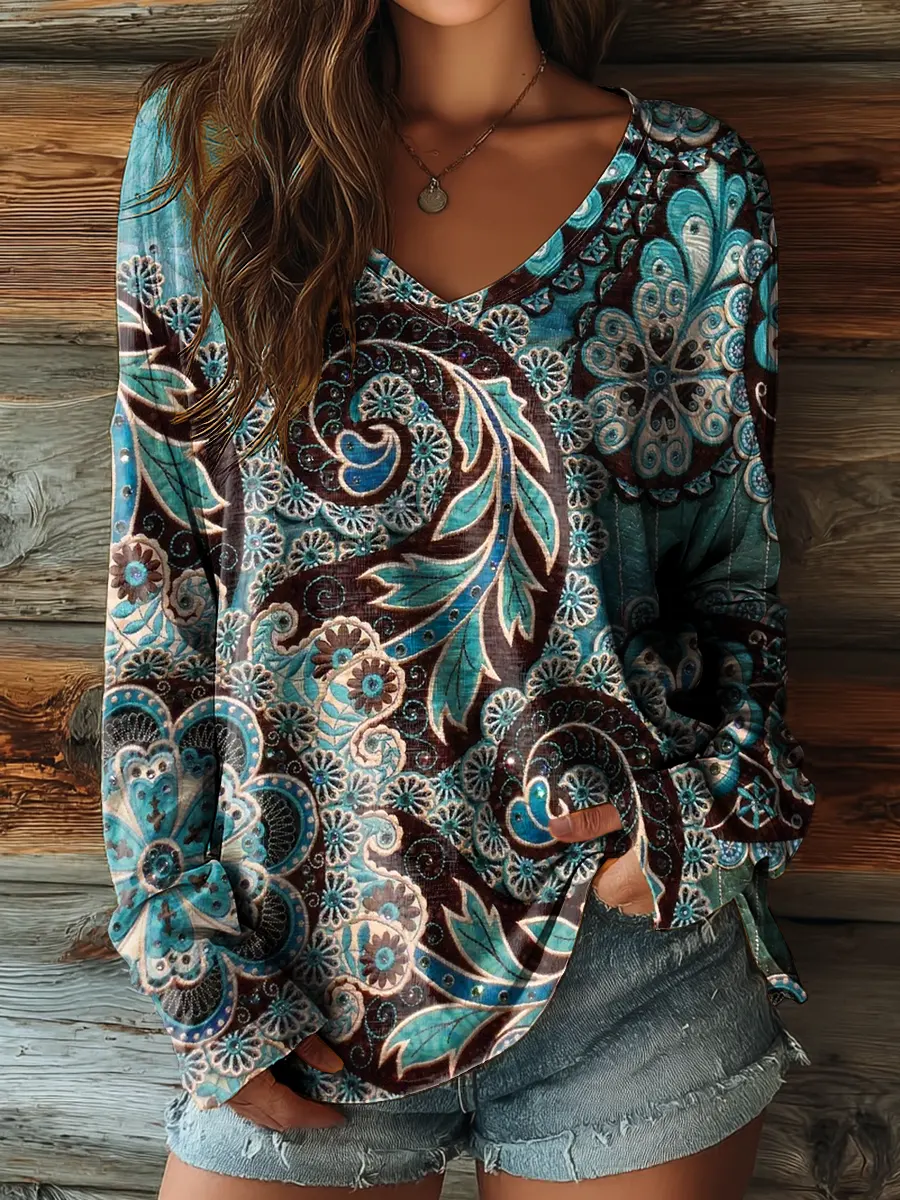 Women's Vintage Floral Art Print Casual V-neck Long-sleeve T-shirt