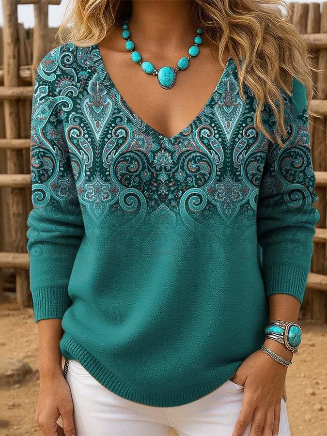 Women's Retro Western Print Drop Shoulder Sweater
