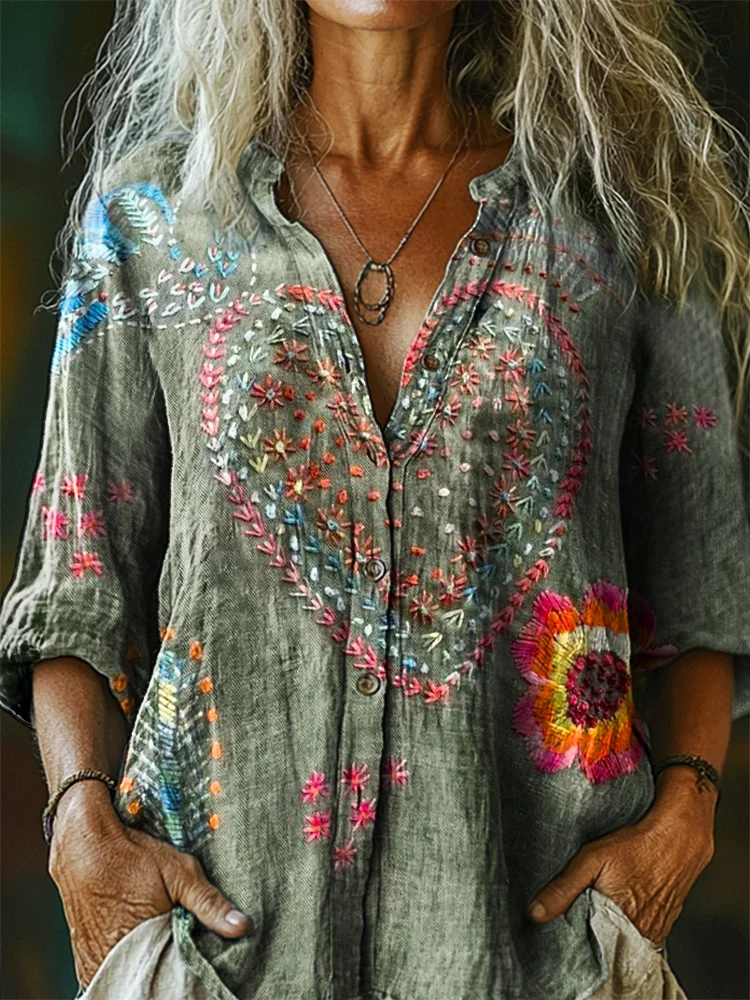 Women's Vintage Bohemian Floral Art Print Casual V Neck Long Sleeve Tops