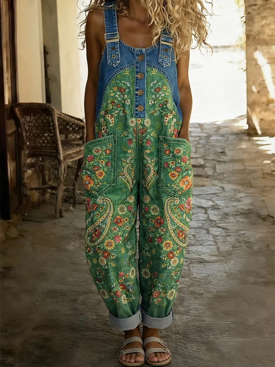 Women's Green Floral Paisley Art Print Denim Overalls