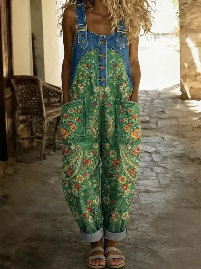 Women's Green Floral Paisley Art Print Denim Overalls