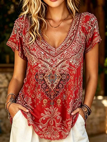 Women's Boho Paisley Print Short Sleeve Top