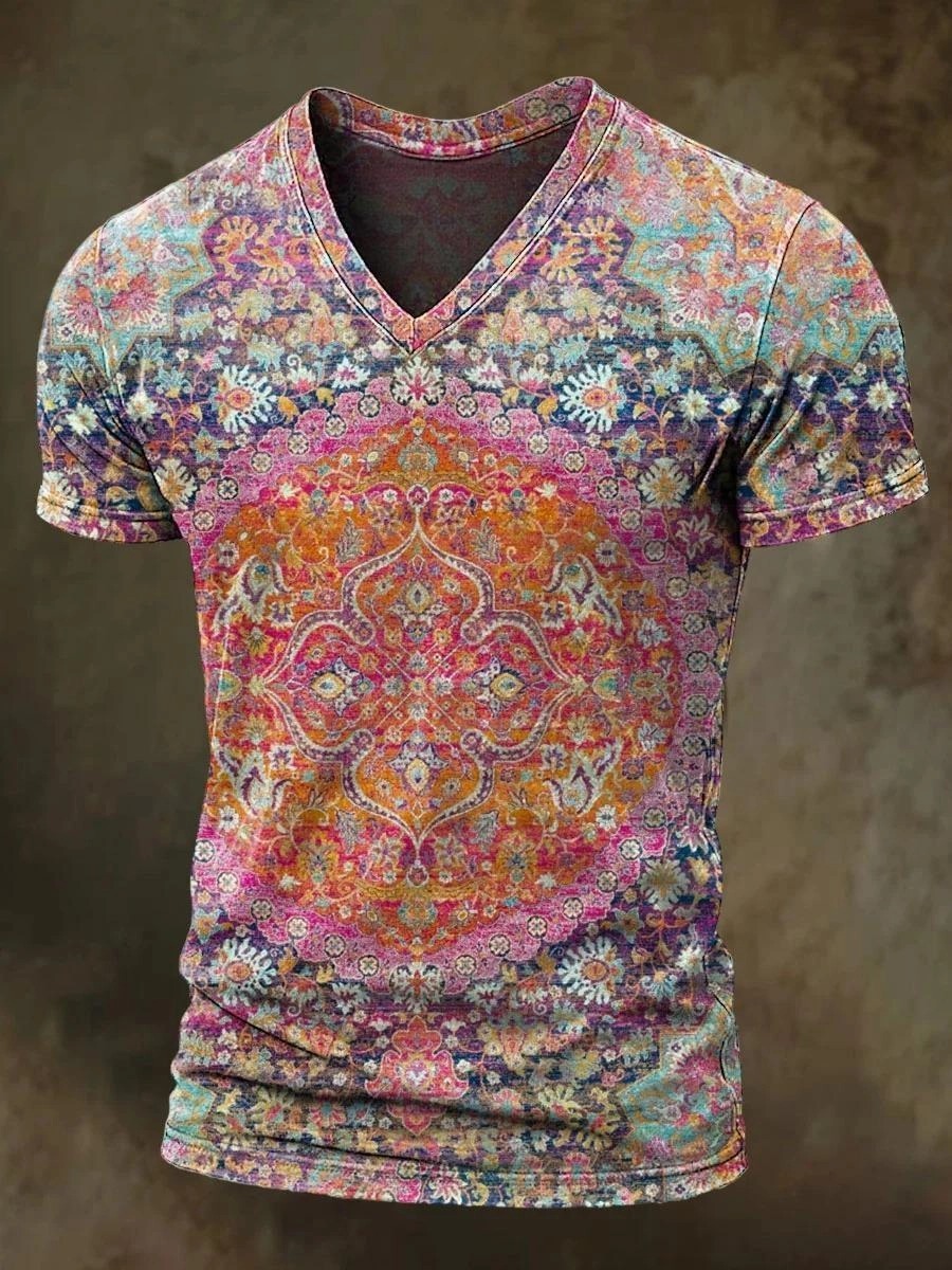 Retro Abstrct Art Print Casaul Short Sleeve V-neck T-shirt