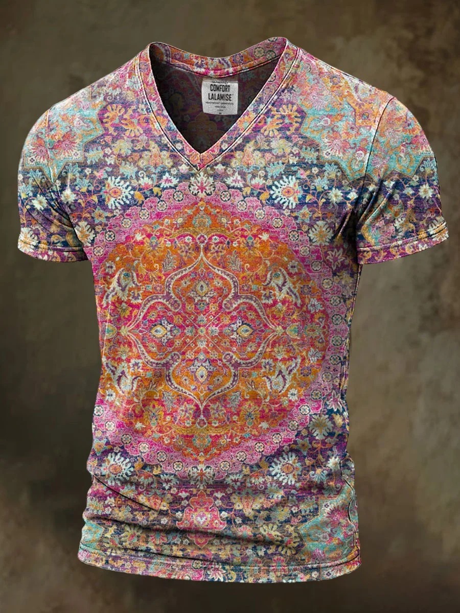 Retro Abstrct Art Print Casaul Short Sleeve V-neck T-shirt