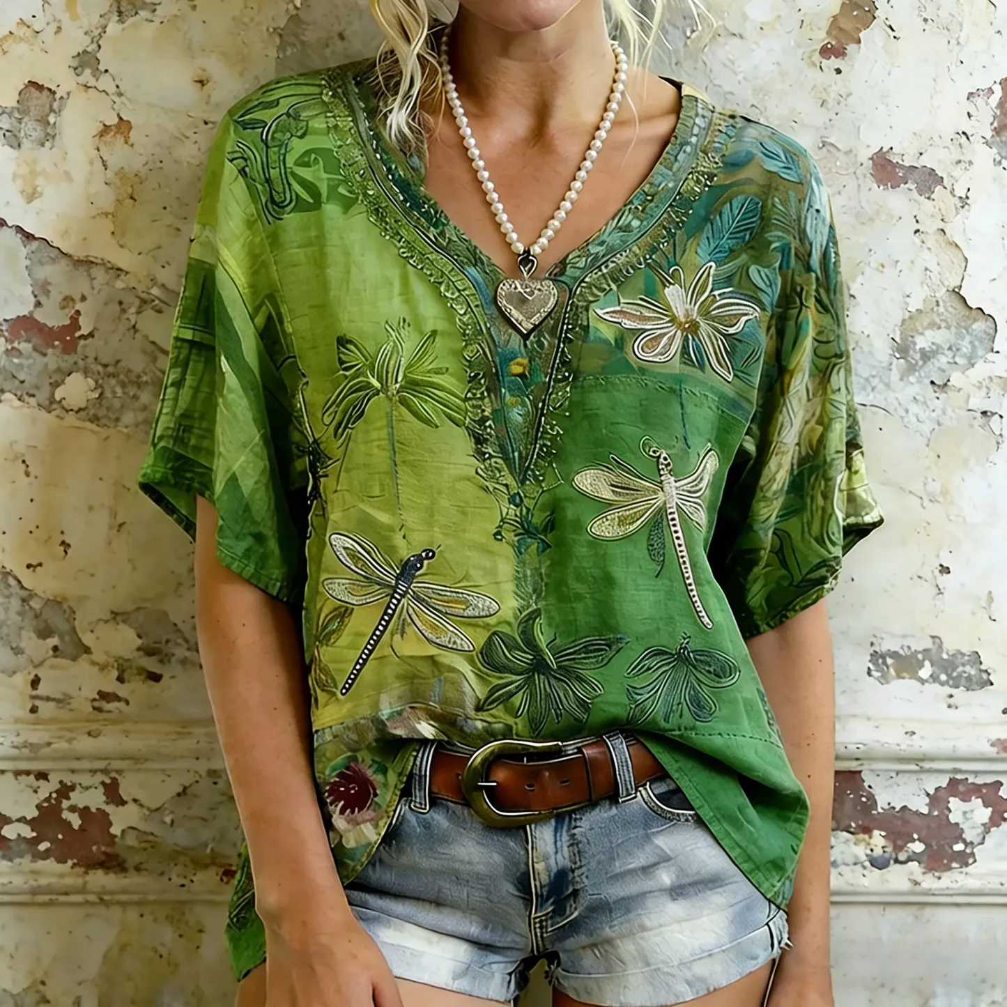 Women's Dragonfly And Floral Art  Flowy Linen Blend Short Sleeve Tops