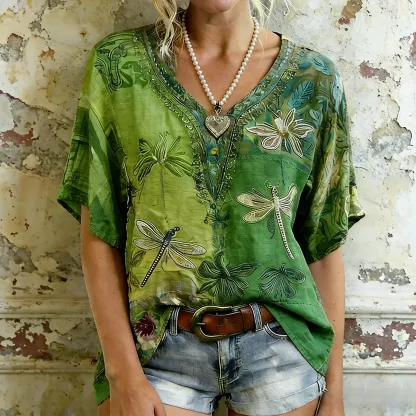 Women's Dragonfly And Floral Art  Flowy Linen Blend Short Sleeve Tops