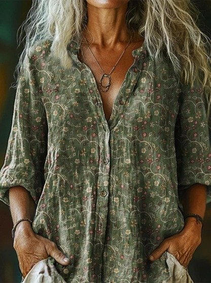 Women's Ethnic Green Floral Patterns Print Casual Cotton Linen Shirt
