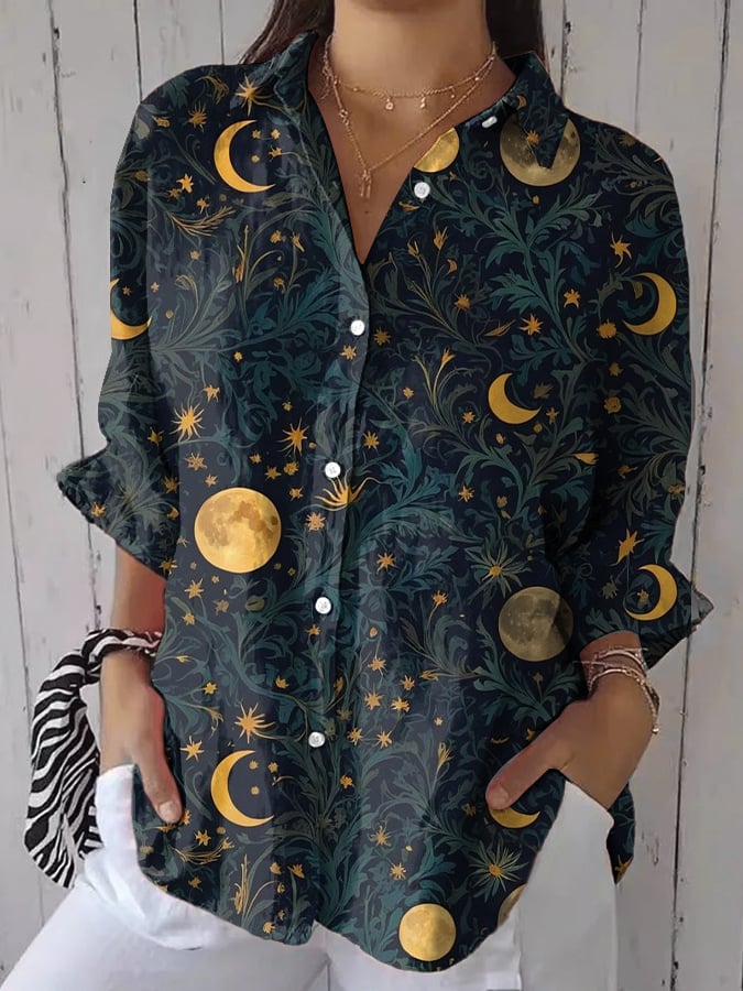 Women's Casual Retro Forest Print Cotton And Linen Shirt