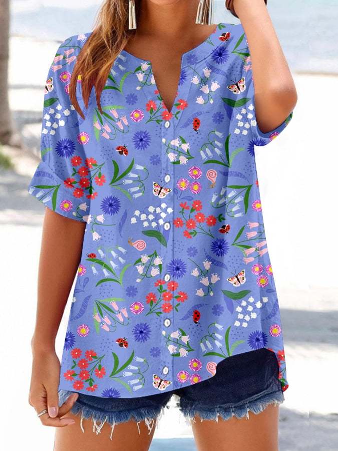 Women's Retro Botanical Floral Button Design V-Neck Three-Quarter Slee
