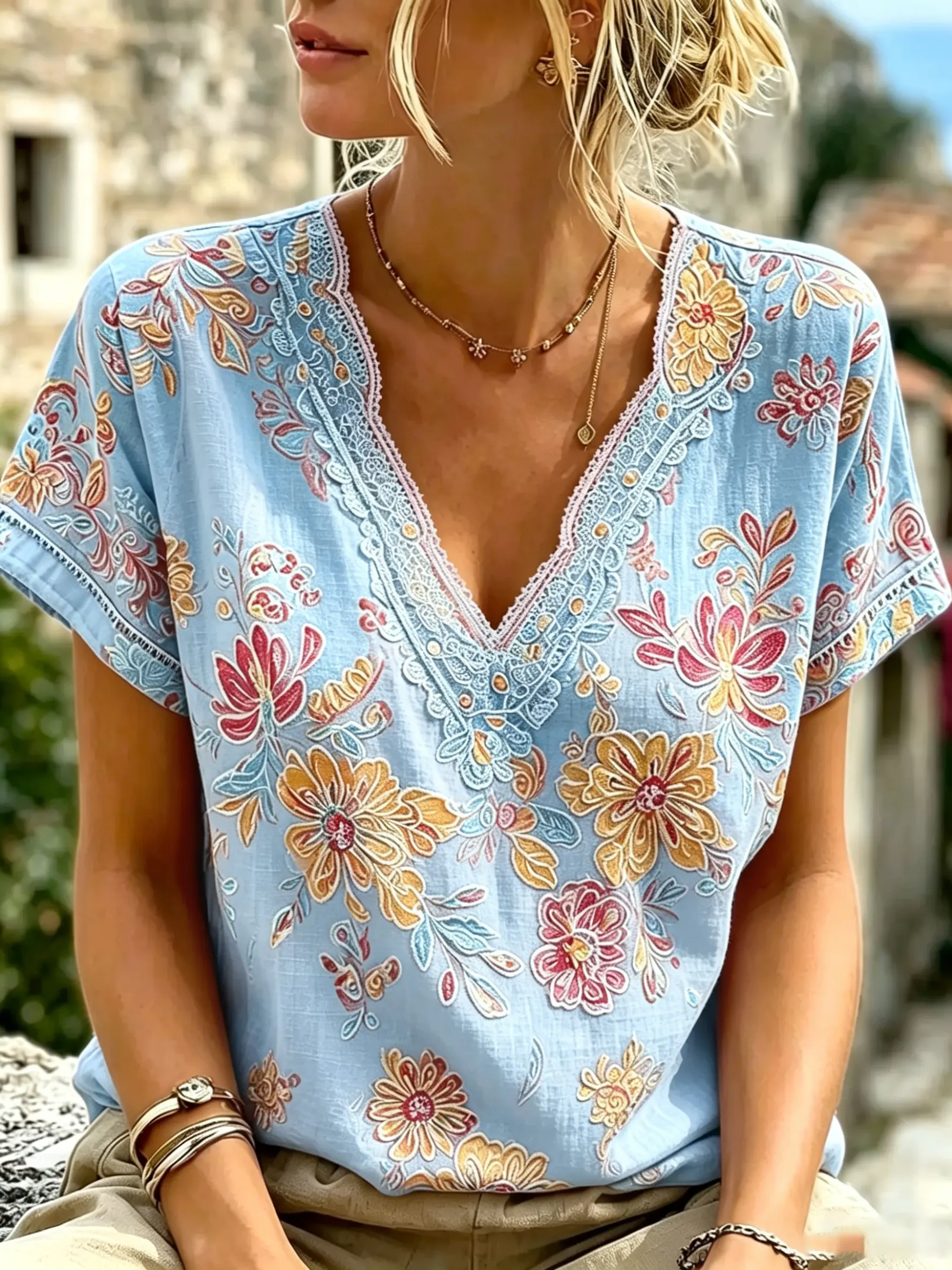 Women's Boho Floral Print Cotton V-Neck Top