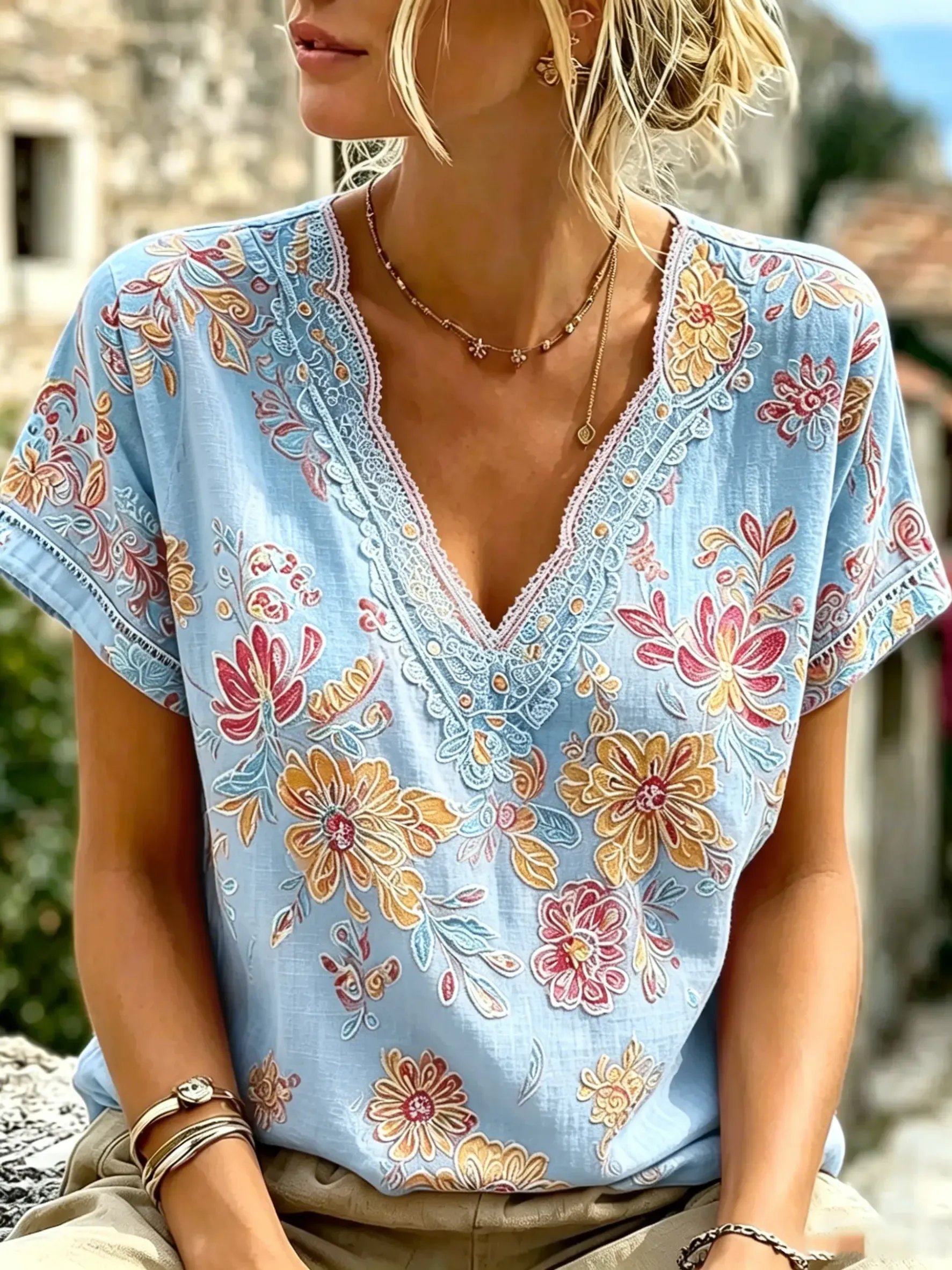 Women's Boho Floral Print Cotton V-Neck Top