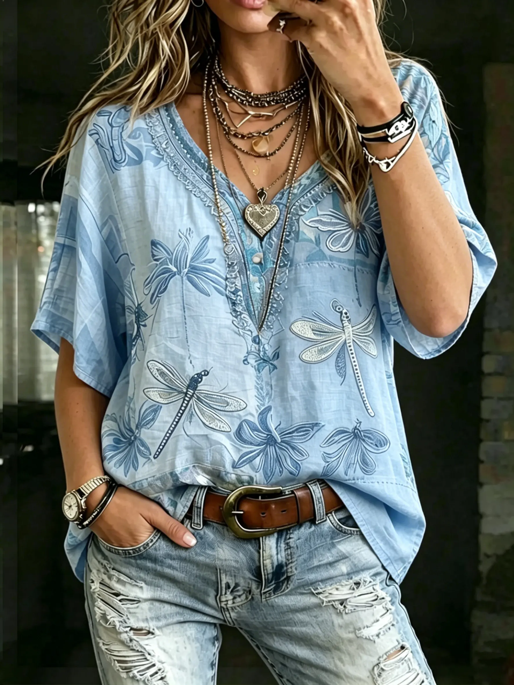 Women's Boho Dragonfly Floral Print Cotton V-Neck Tee