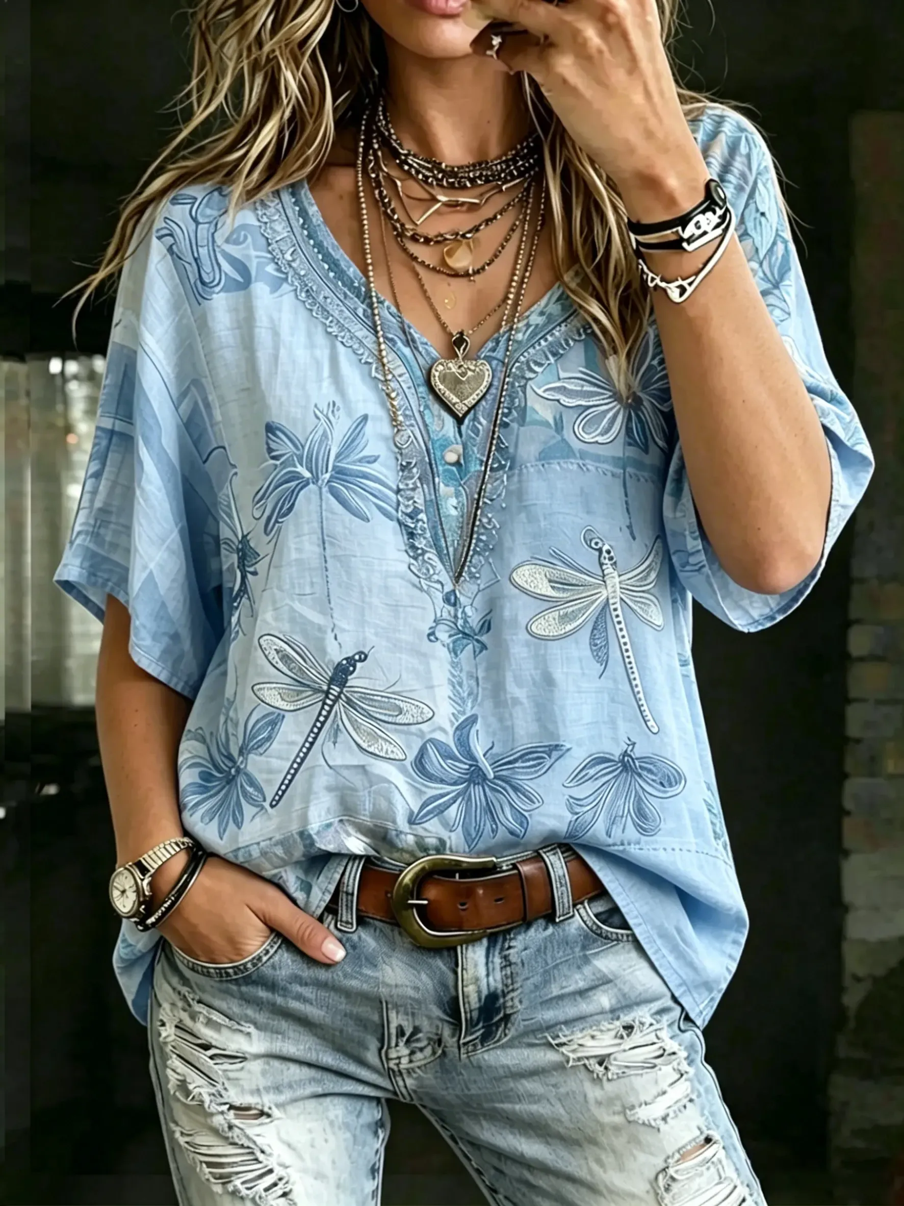 Women's Boho Dragonfly Floral Print Cotton V-Neck Tee