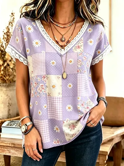 Women's Patchwork Floral Print Cotton Lace Trim V-Neck Blouse