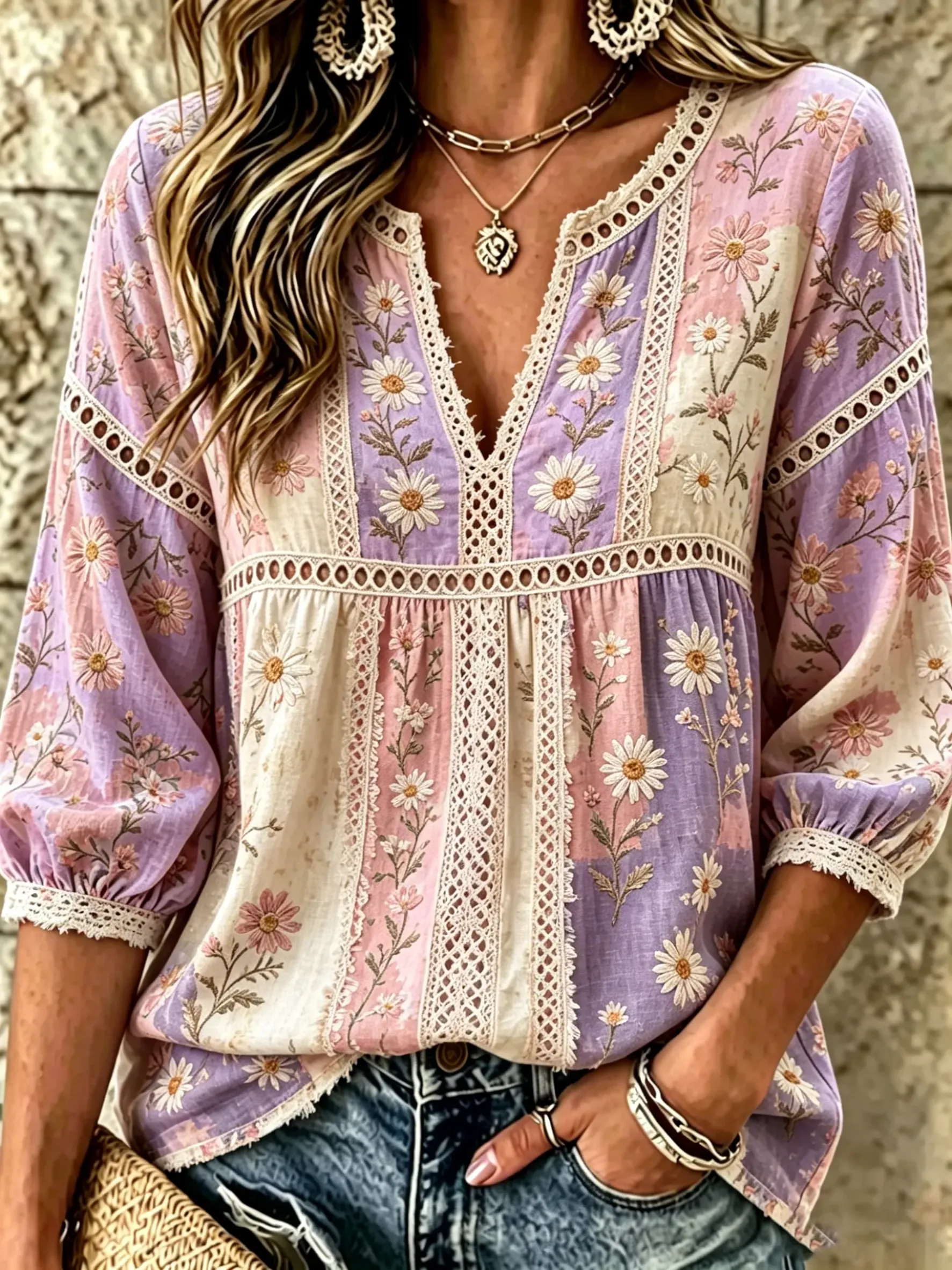 Women's Daisy Floral Print Lace Cotton Blouse