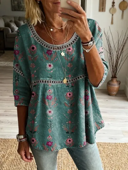 Women's Floral Pattern Art Print Casual Round Neck Lace-up Top