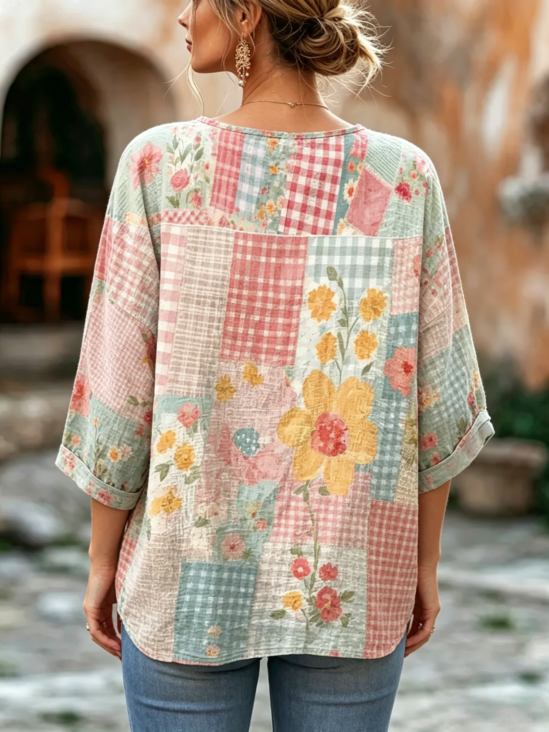 Women's Floral Patchwork Print Linen Blend Blouse