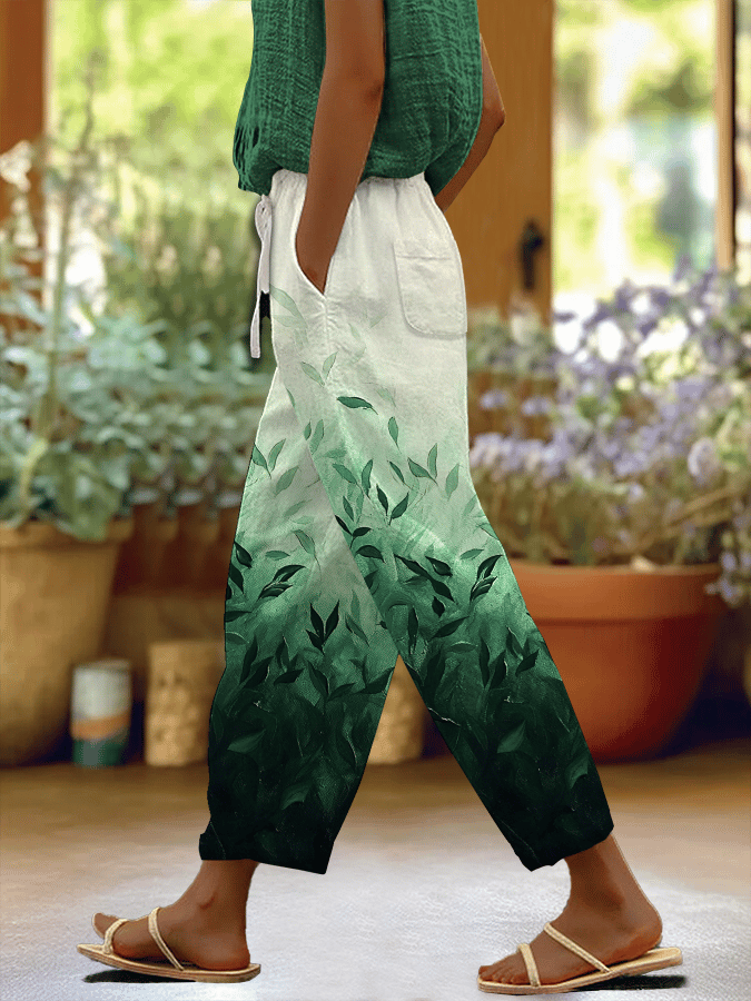 Women's Forest Floral Print Casual Pants (With Pockets)