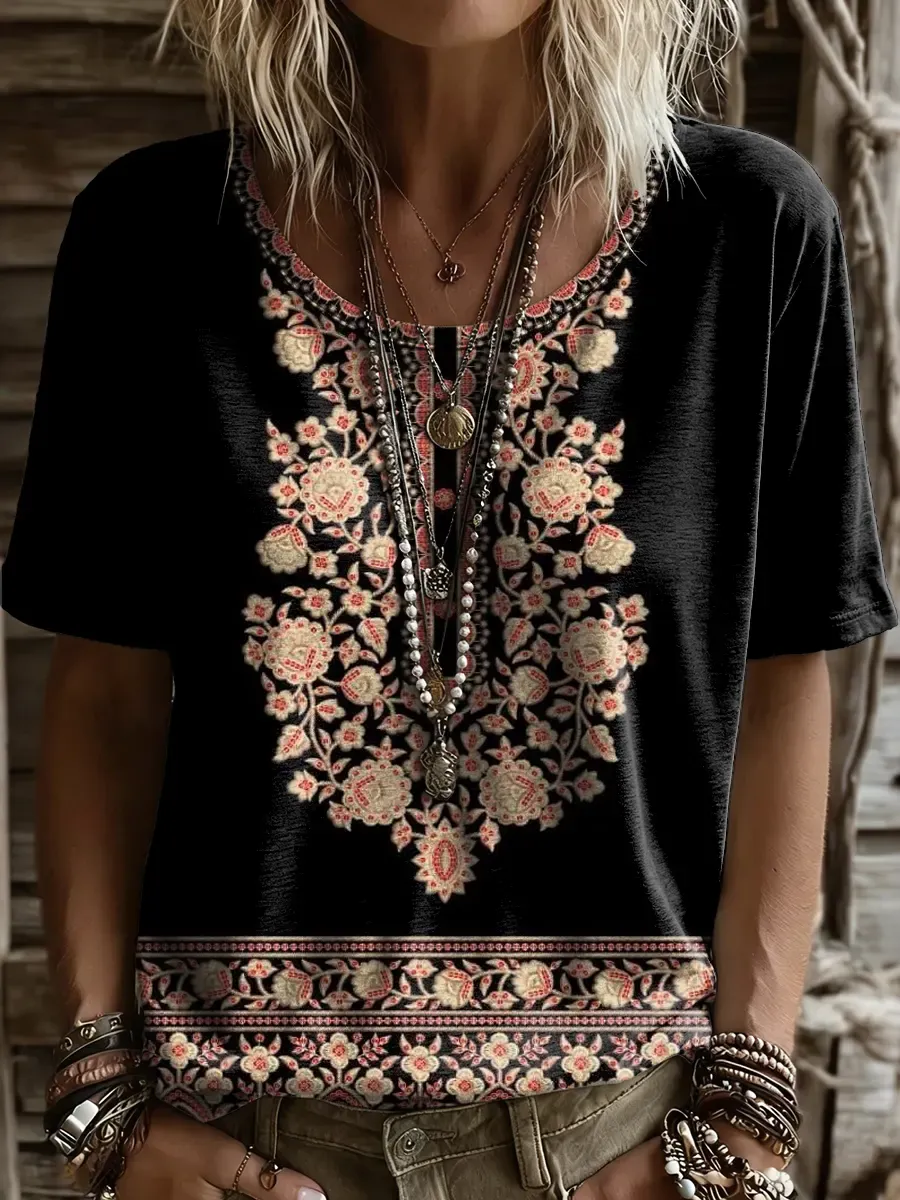 Women's Retro Ethnic Floral Print Round-neck Short-sleeve T-shirt
