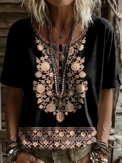 Women's Retro Ethnic Floral Print Round-neck Short-sleeve T-shirt