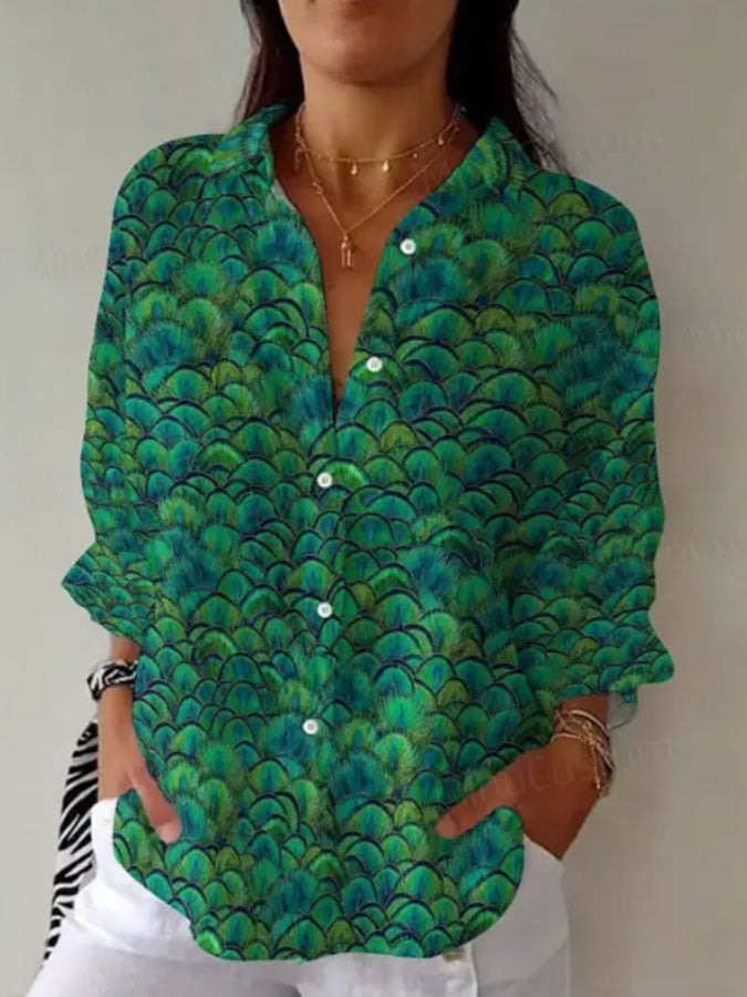 Women's Peacock Feather Art Cotton And Linen Shirt