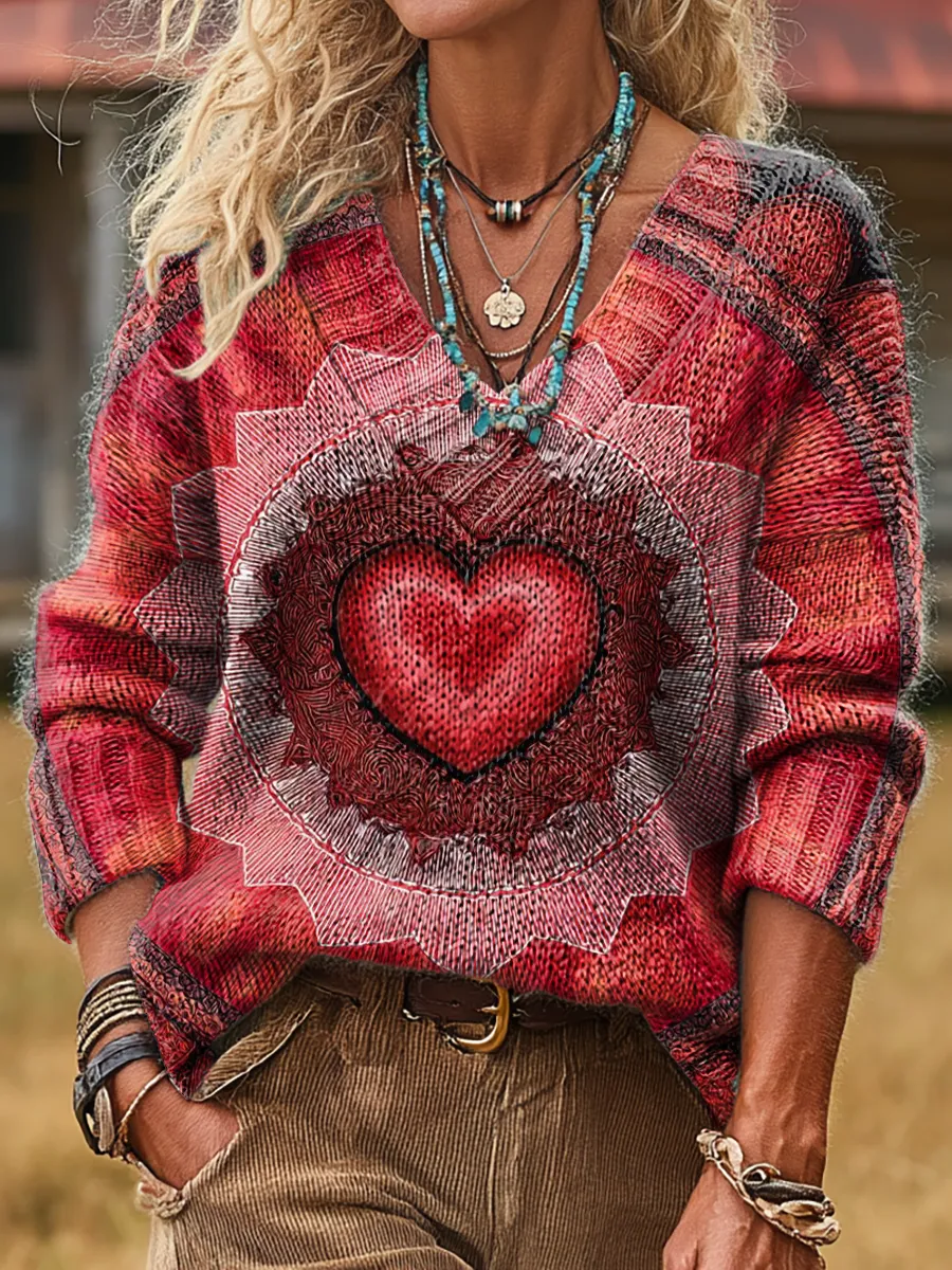 Women's Vintage Pink Love Art Print Casual V-neck Long Sleeve Knitwear