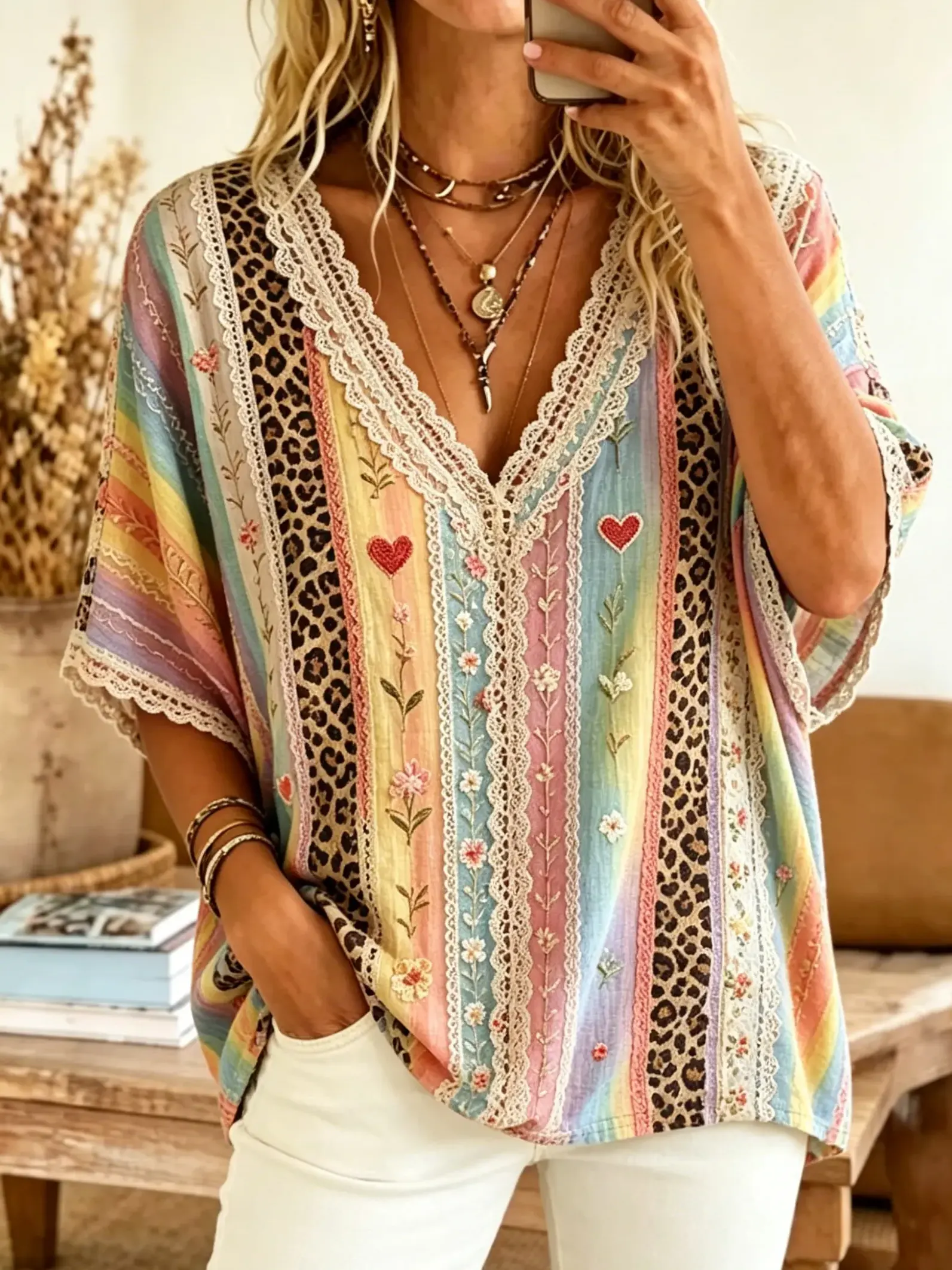 Women's Rainbow Stripe Leopard Print Lace Cotton Kimono Blouse