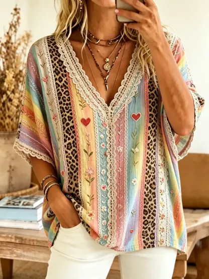 Women's Rainbow Stripe Leopard Print Lace Cotton Kimono Blouse