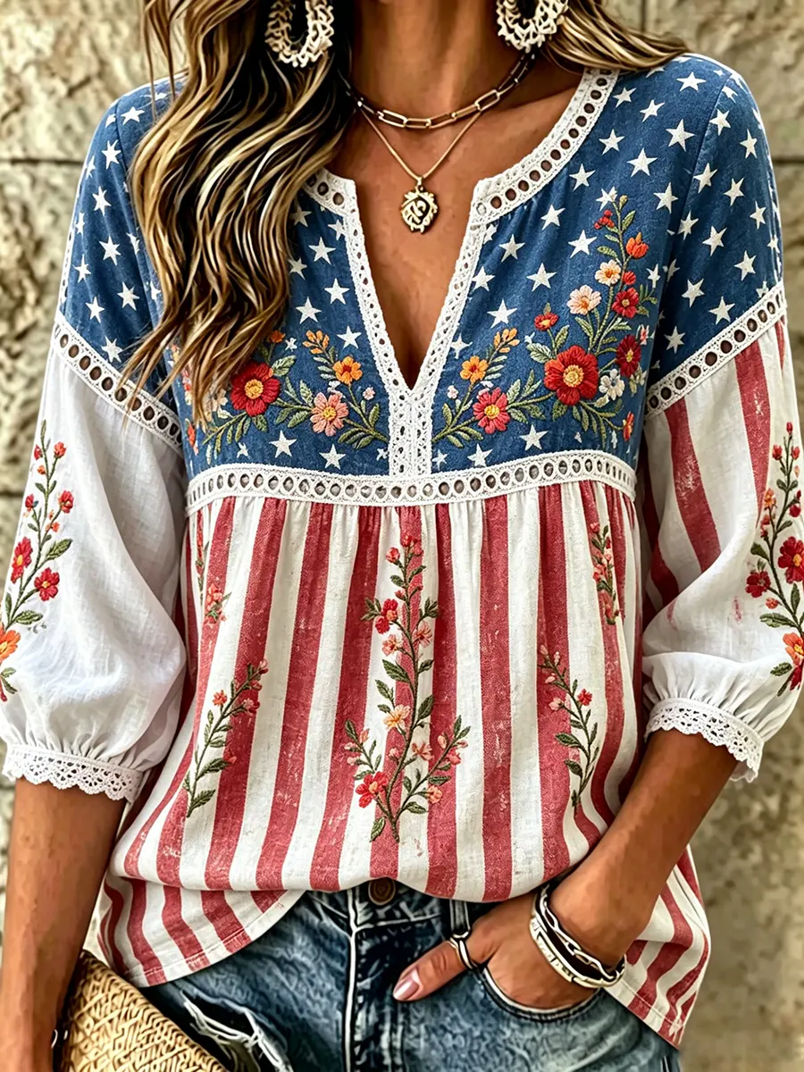 Women's American Flag Floral Lace Cotton Blouse