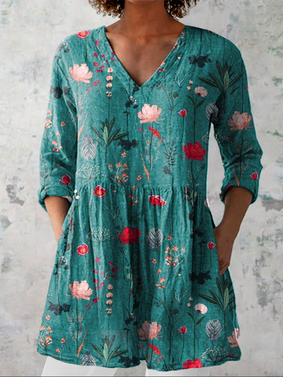 Women's Vintage Lovely Floral Art Print Casual Linen V-neck Shirt