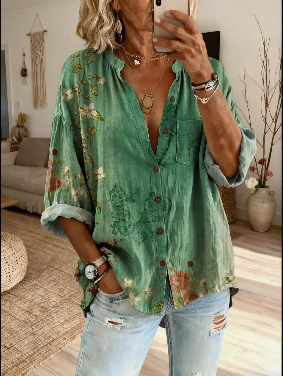 Ethnicity Geometry Flowers Green Women's Vintage Art Print Casual Cotton And Linen Shirt