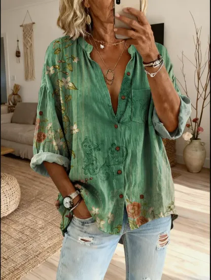 Ethnicity Geometry Flowers Green Women's Vintage Art Print Casual Cotton And Linen Shirt