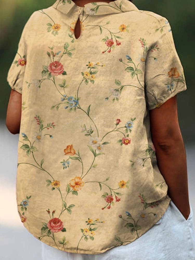 Women's Retro Floral Art Print Casual Cotton And Linen Shirt