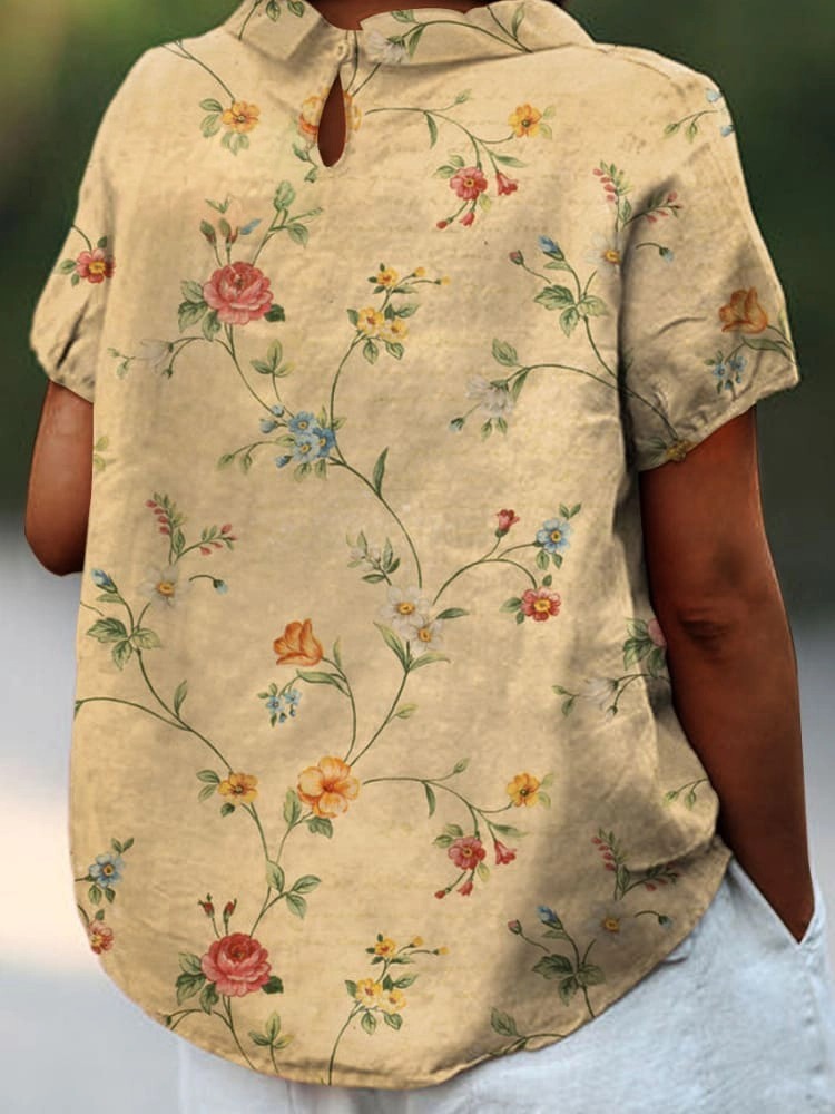 Women's Retro Floral Art Print Casual Cotton And Linen Shirt