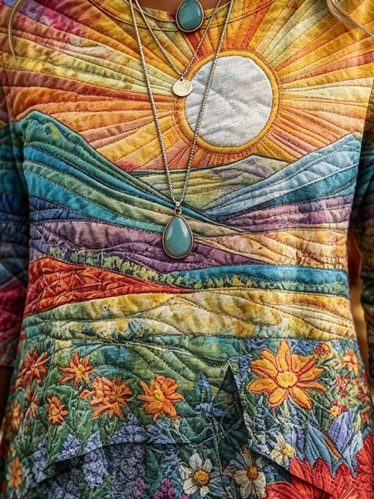 Women's Retro Colorful Sun Art Print Casual Three-quarter Sleeve Round Neck Patchwork Shirt