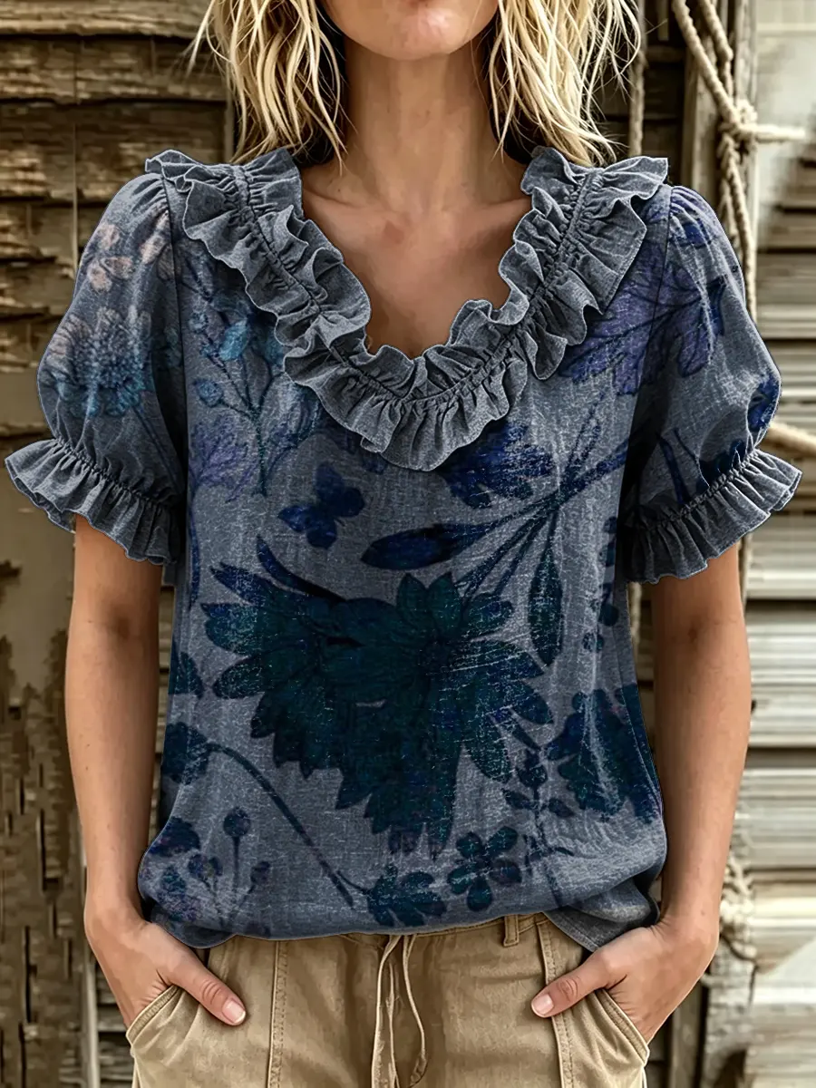 Women's Vintage Floral Print Ruffle V-Neck Puff Sleeve Blouse