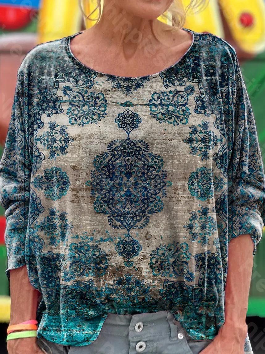 Women's Vintage Floral Art Print Casual Long-Sleeve T-Shirt