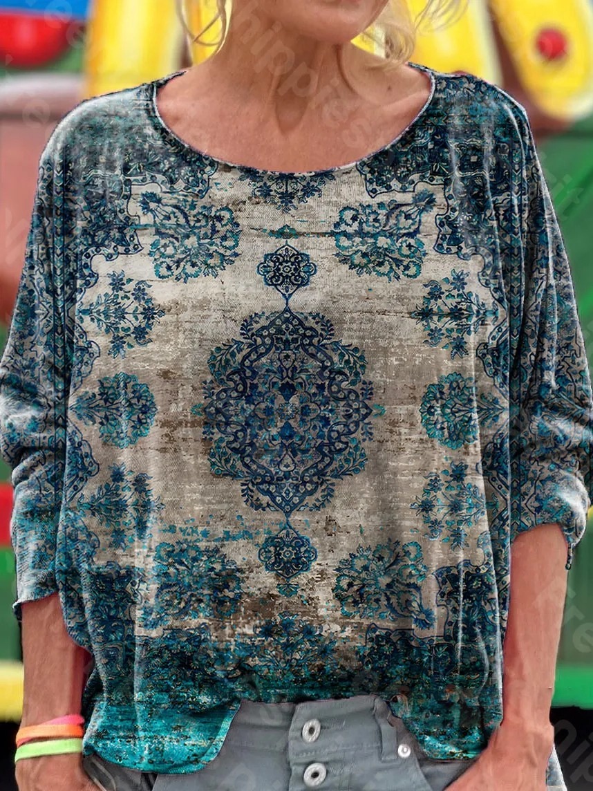 Women's Vintage Floral Art Print Casual Long-Sleeve T-Shirt