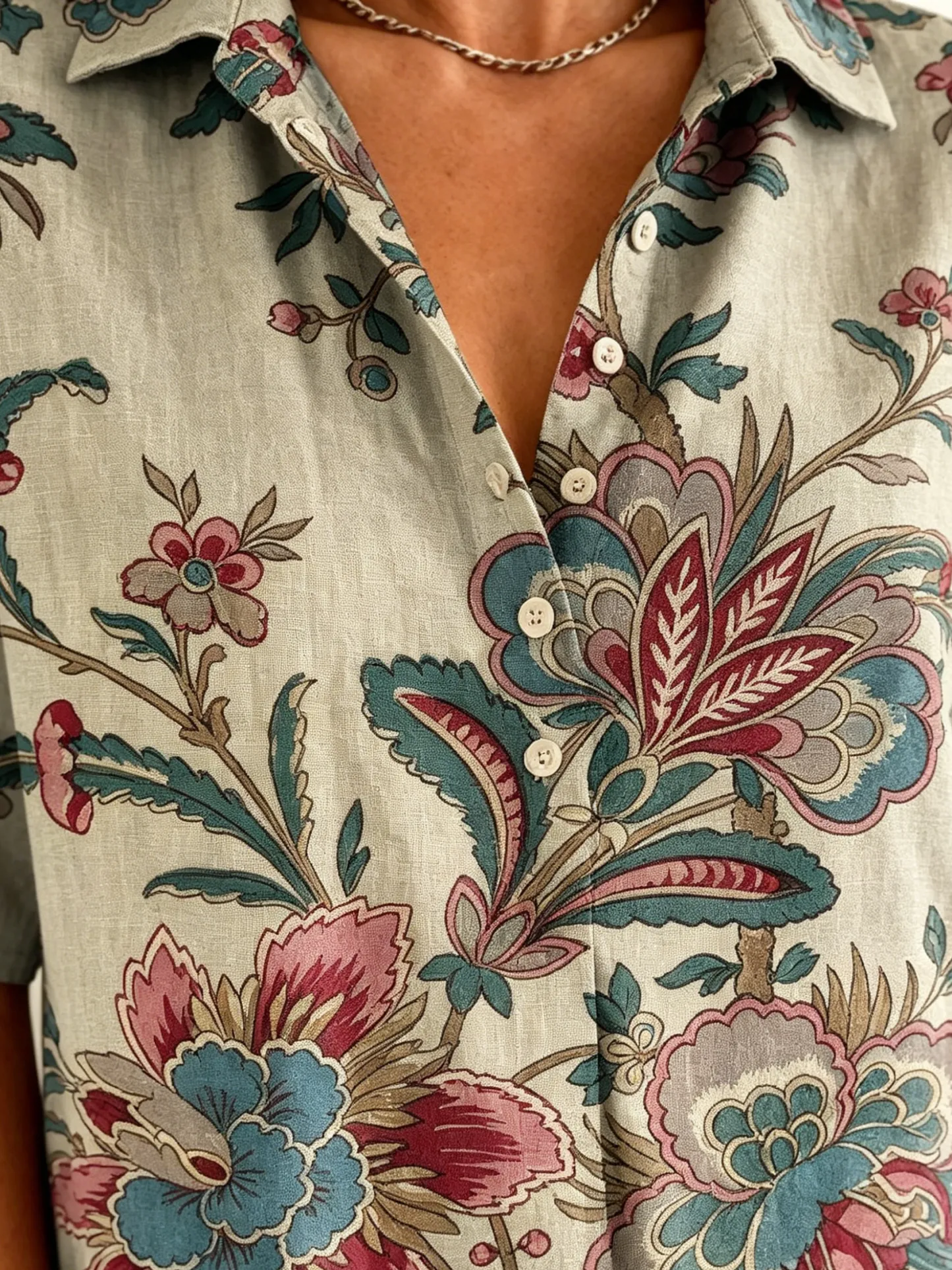 Women's Retro Ethnic Floral Art Print Casual Short-sleeve Cotton Linen Shirt