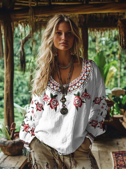 Retro Bohemian Resort Floral Rose Pattern Art Embroidery Cotton And Linen Blend Loose Blouse