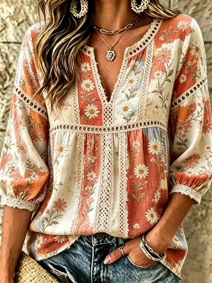 Women's Daisy Floral Print Lace Cotton Blouse