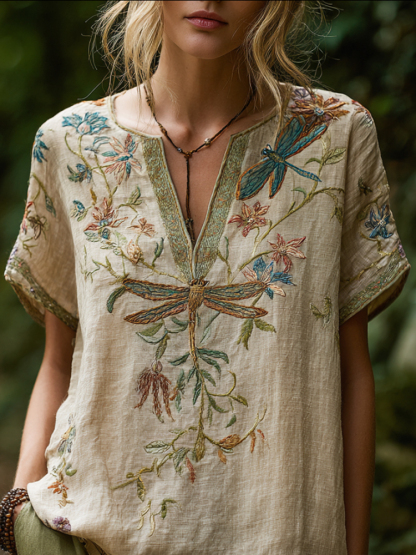 Bohemian Style Dragonfly Flower Vintage V-neck Short-sleeved Shirt