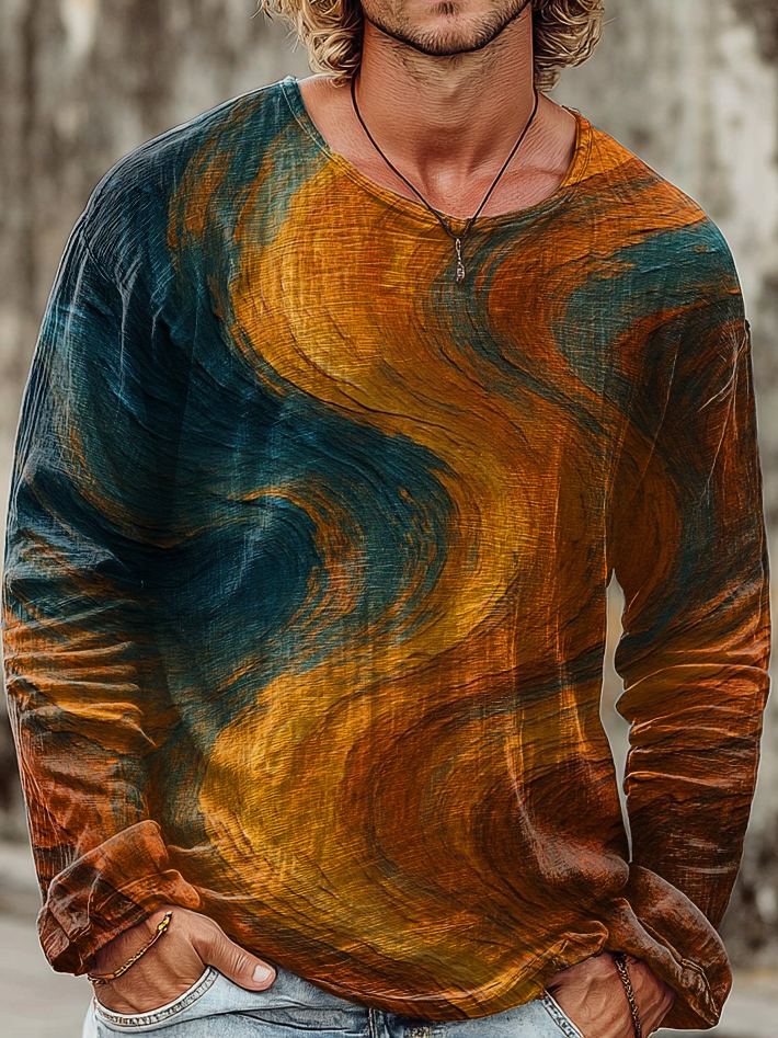 Men's Vintage Color-block Gradient Art Print Casual Cotton Crew Neck Pullover Shirt