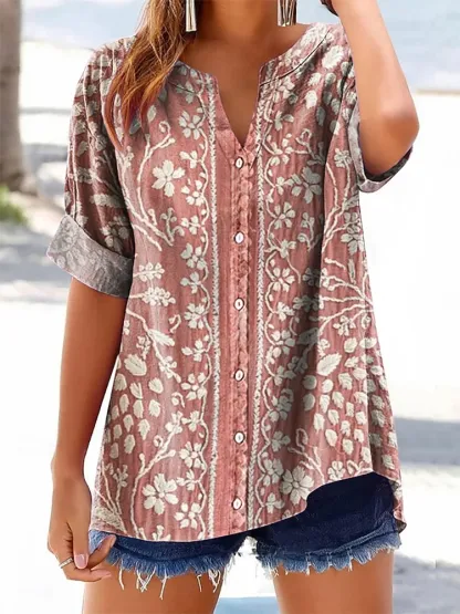 Women's Vintage Ethnic Floral Art Print V-neck Casual T-Shirt
