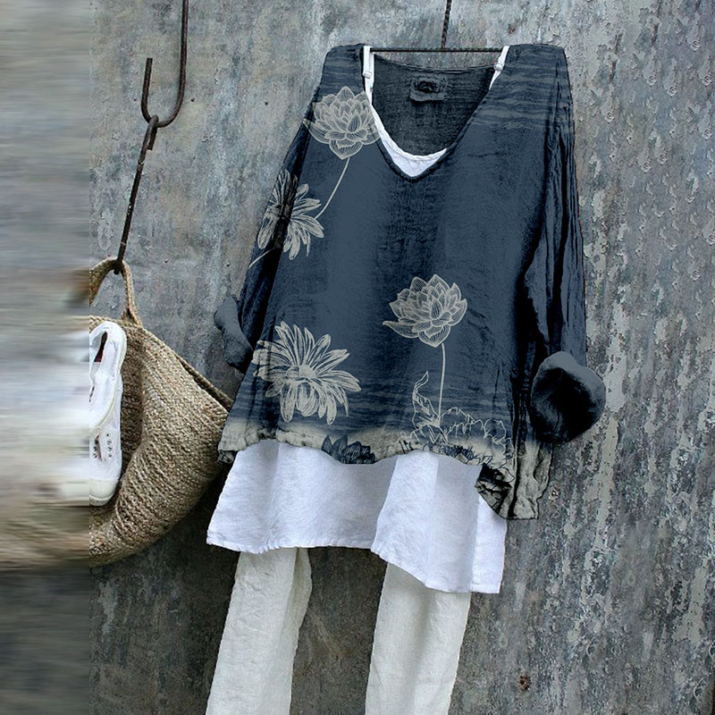 Vintage Lotus Flower Pattern Linen Blend Cozy Tunic