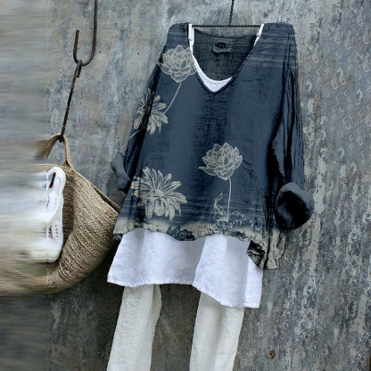 Vintage Lotus Flower Pattern Linen Blend Cozy Tunic