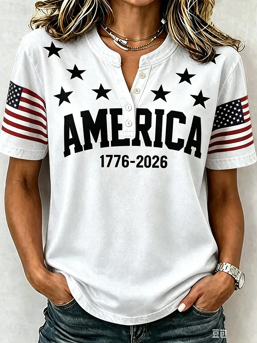 Women's 1776 Independence Day Flag Print Casual T-shirt